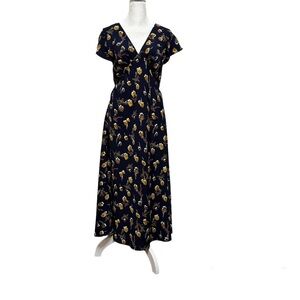 Urban Outfitters Navy Floral Maxi V-Neck Short Sleeve Slip On Dress